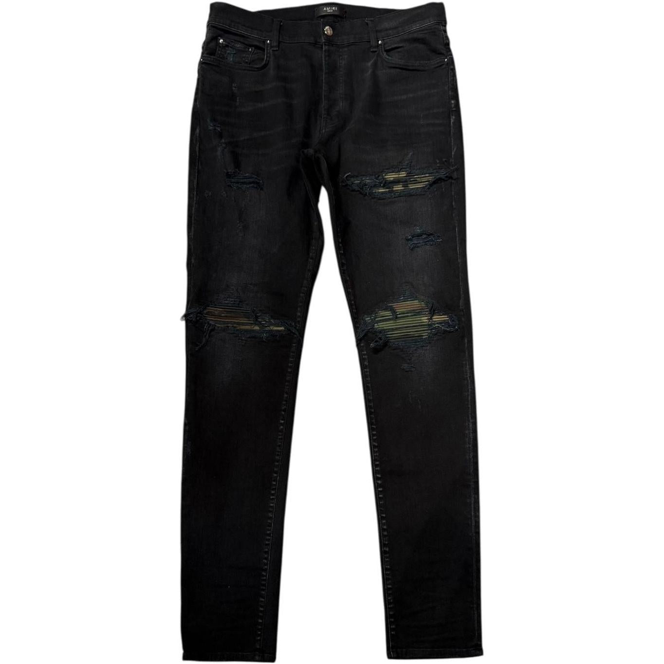 Amiri MX1 Camo Patch Black Distressed Jeans - Lightly Worn