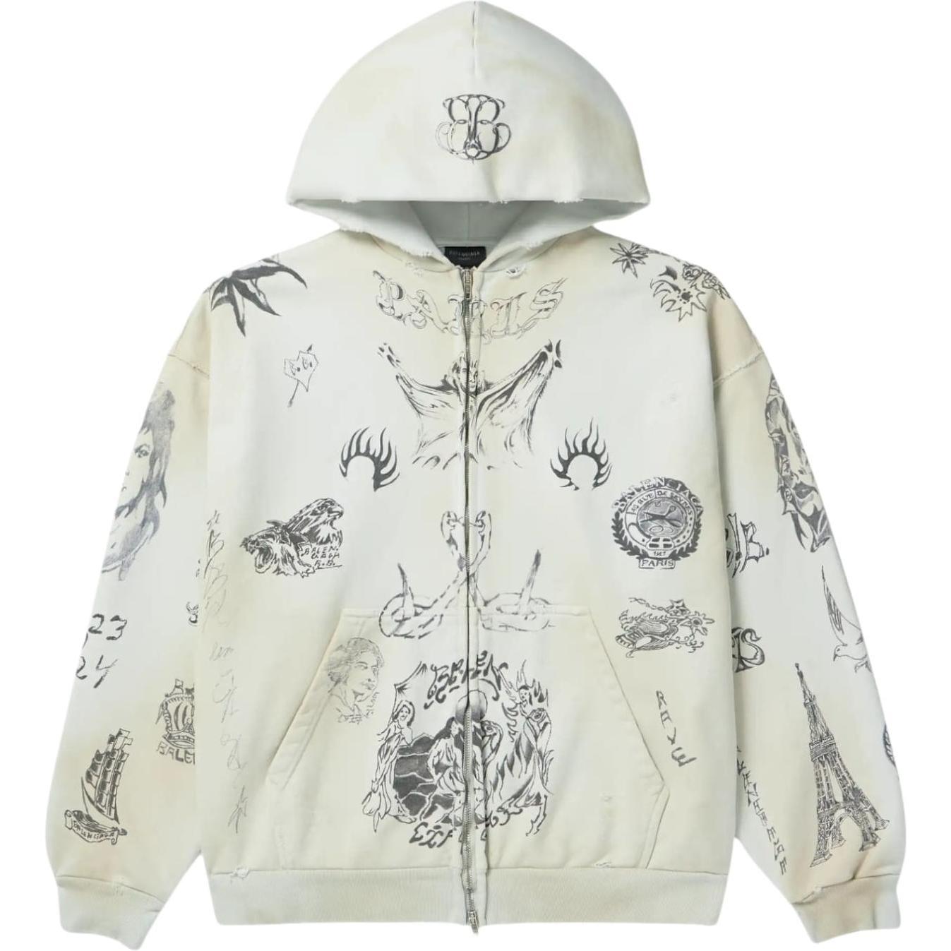 Balenciaga Tattoo Heavy Molleton Zip-up Hoodie