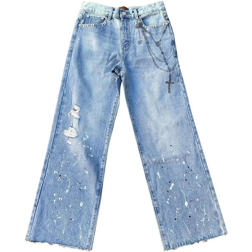 Birth Of Royal Child Printed Cross Chains Washed Denim Pants Blue