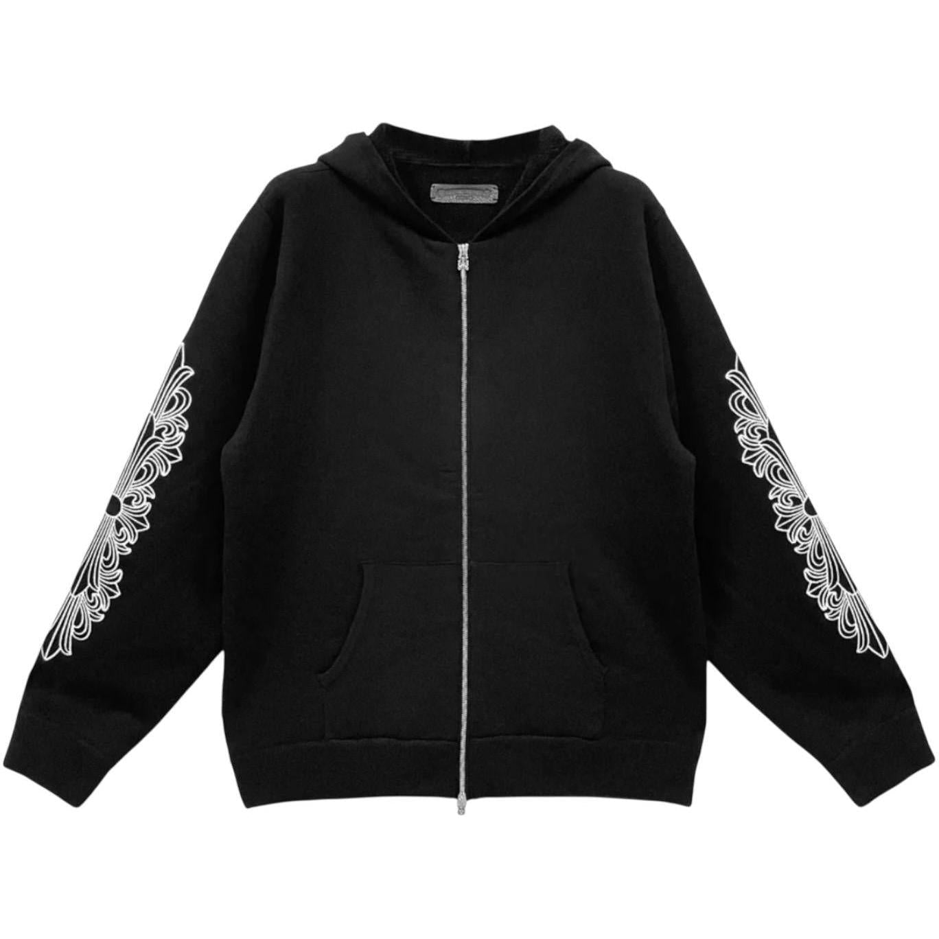 Chrome Hearts Cashmere Embroidered Floral Sleeve Black Zip Up Hoodie