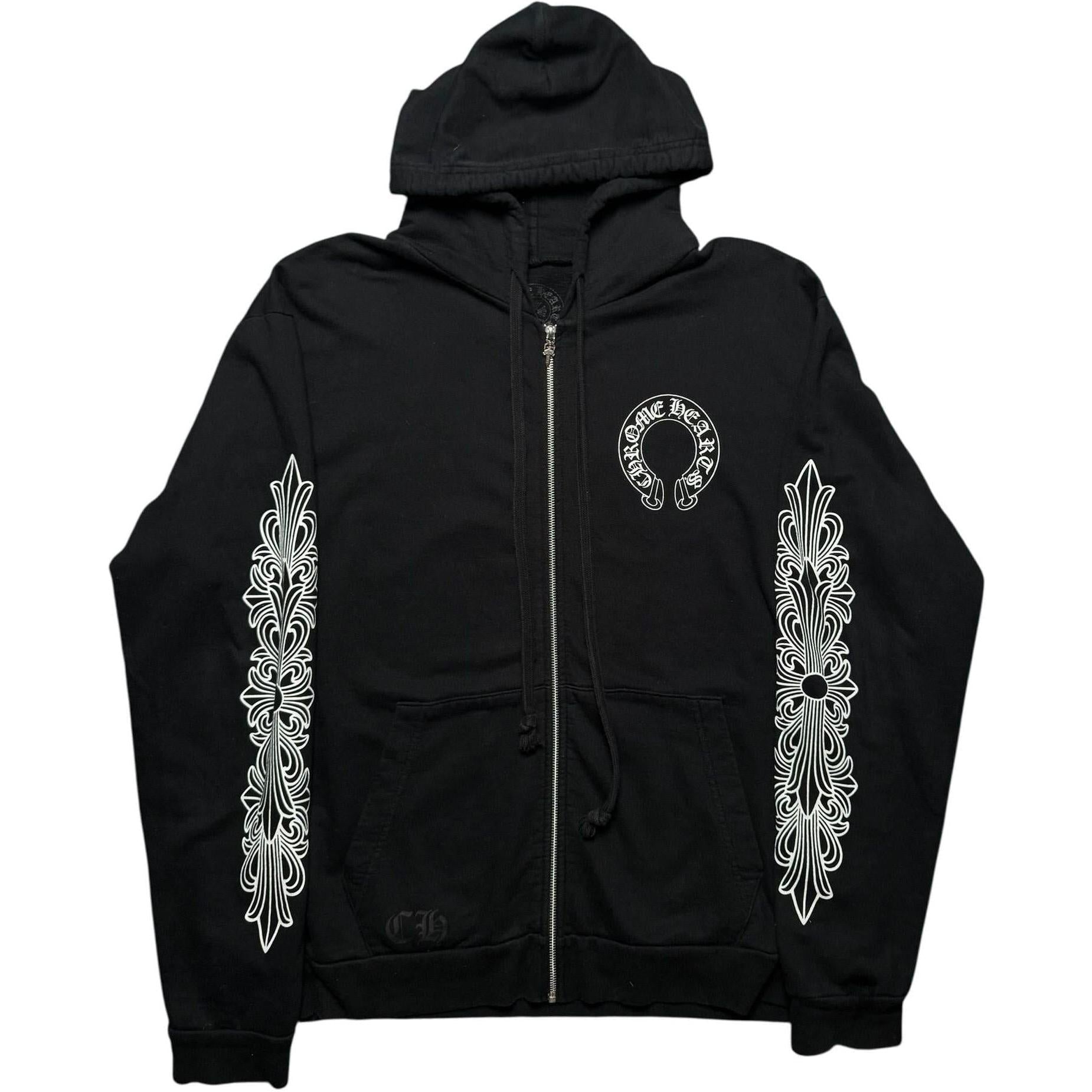 Chrome Hearts Horseshoe Floral Cross Sleeve Zip Up Hoodie Black/White - Like New