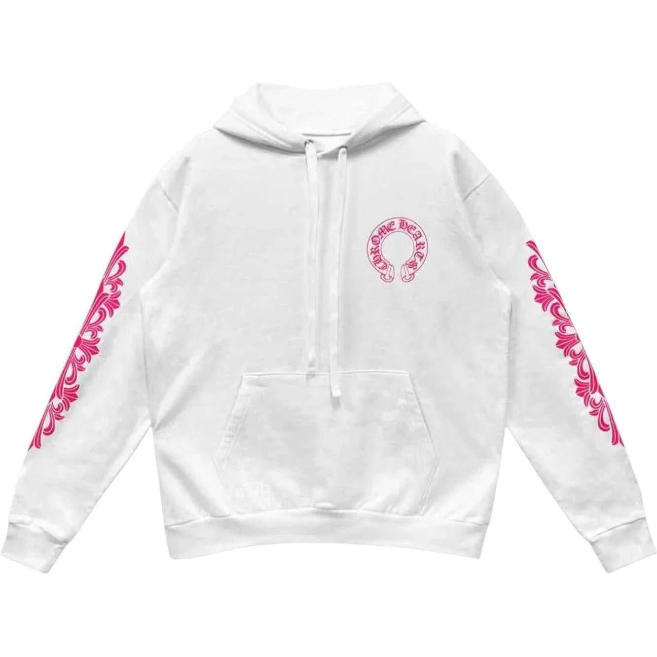 Chrome Hearts Pink Horseshoe Floral Sleeve Pullover Hoodie White
