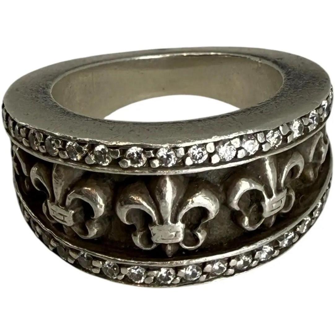 Chrome Hearts Silver Diamond Fleur-de-lis V Ring - US Size 6