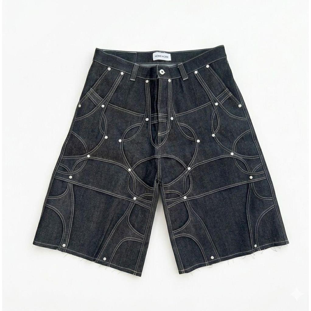HOMEWORK Raw Denim Abstract Shorts Black