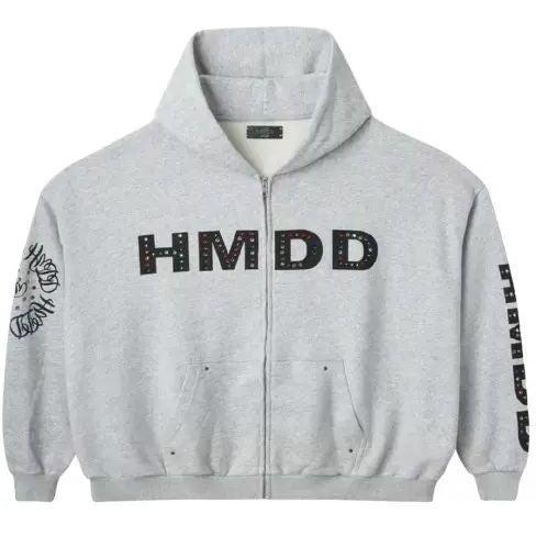 Happy Memories Don't Die HMDD Crystal Studded Zip Up Hoodie Grey