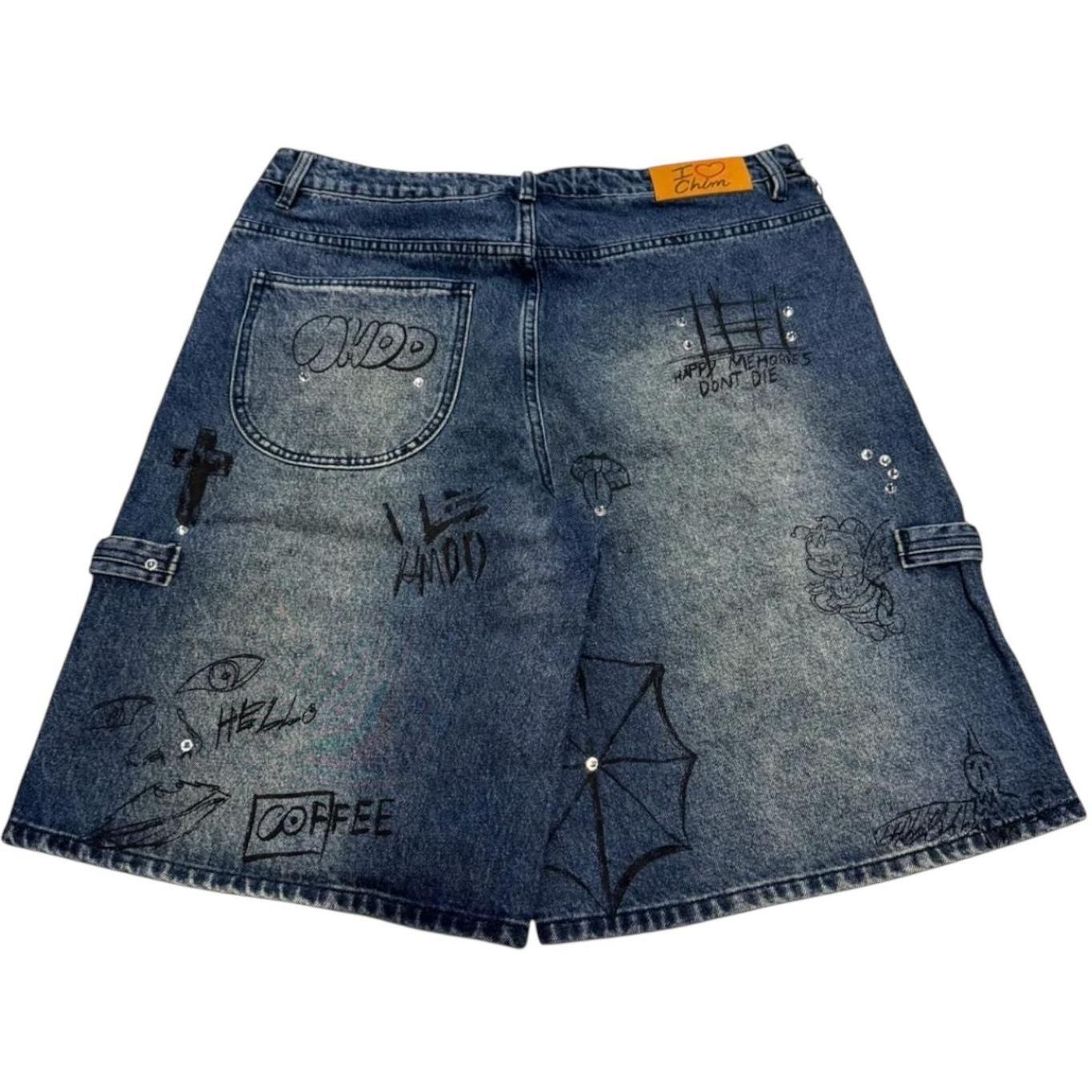 Happy Memories Don't Die HMDD Graffiti Jean Shorts Blue