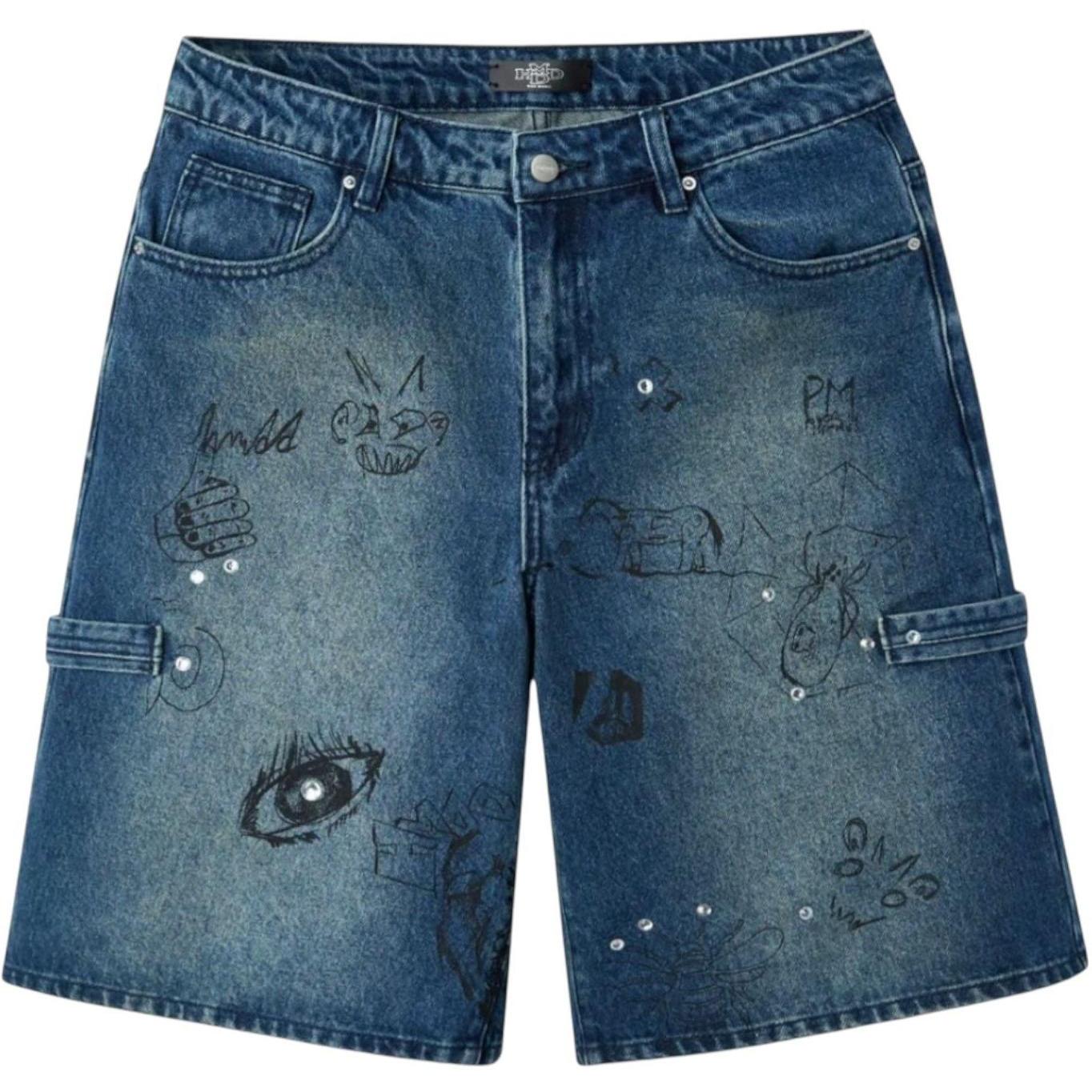 Happy Memories Don't Die HMDD Graffiti Jean Shorts Blue