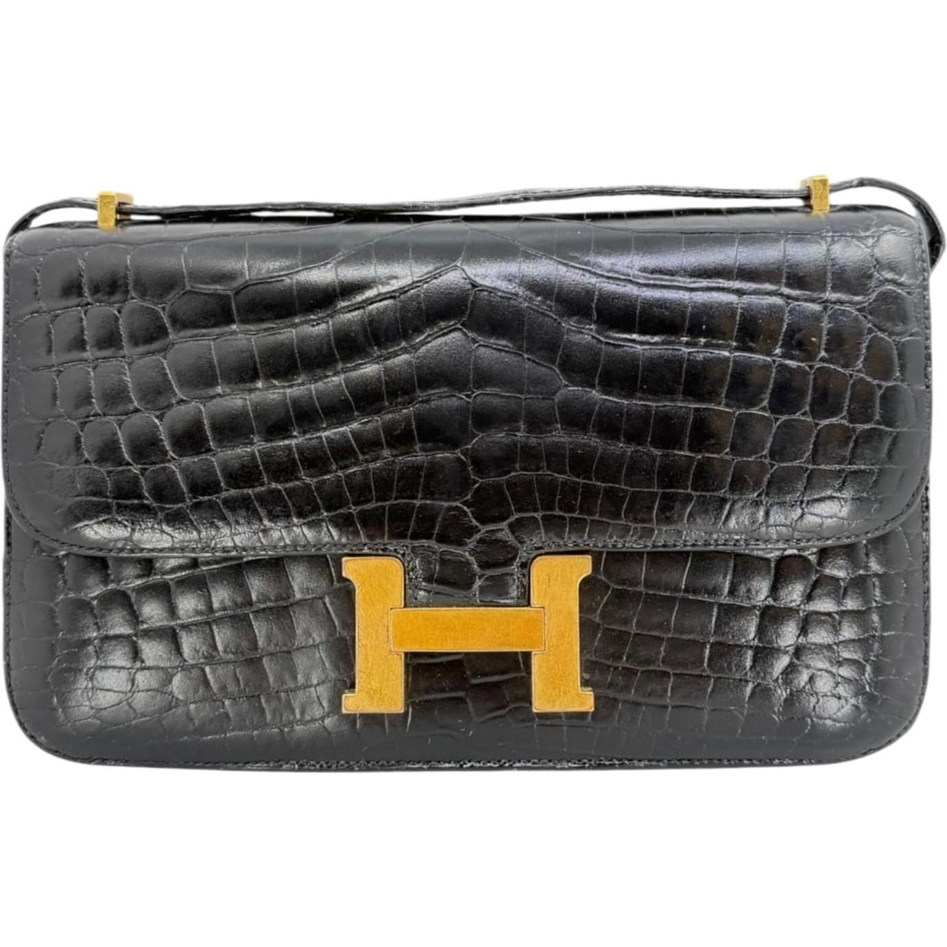 Hermes Constance Elan 25 Black Poros Crocodile with Shiny Gold Hardware