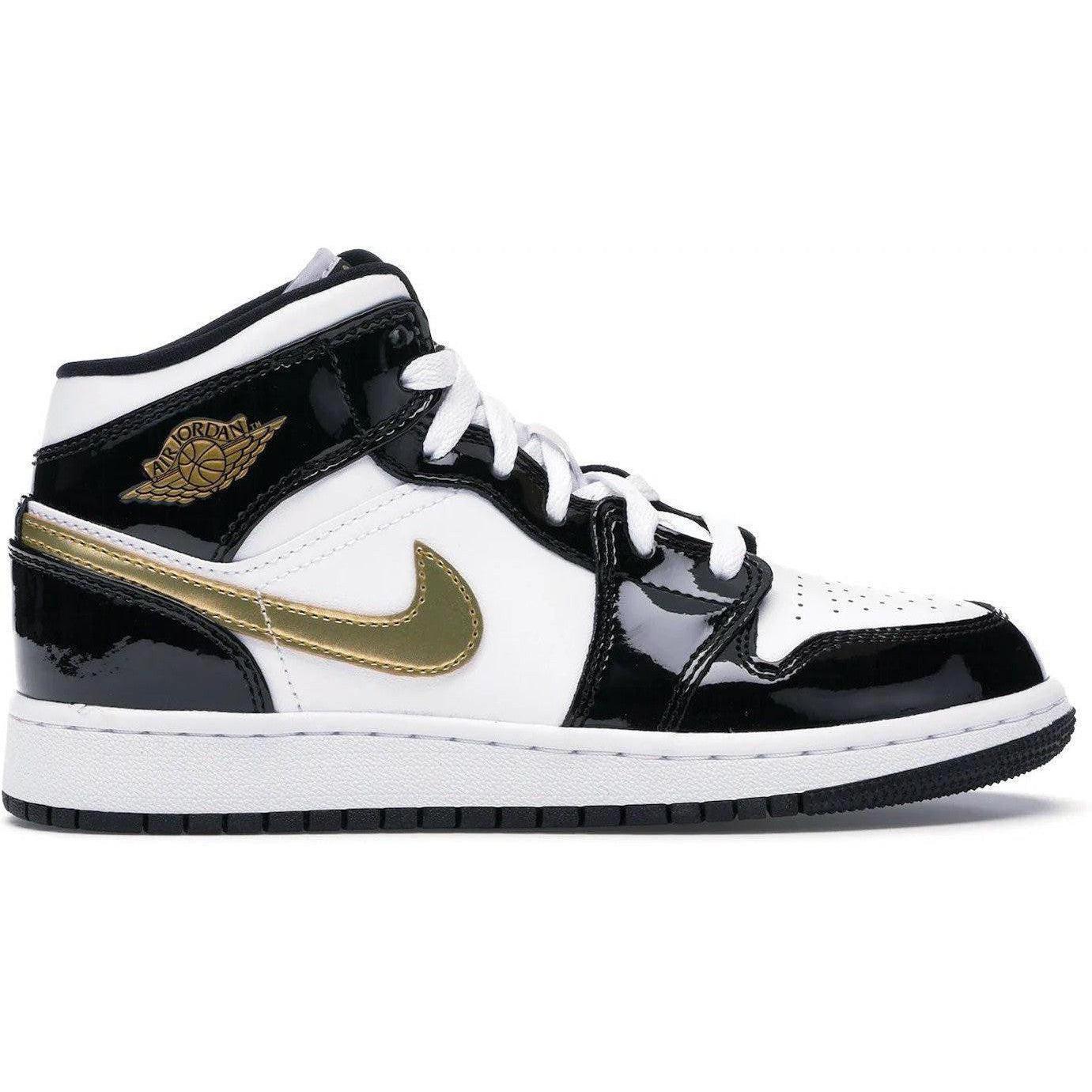 Jordan 1 Mid Patent Black White Gold (GS)