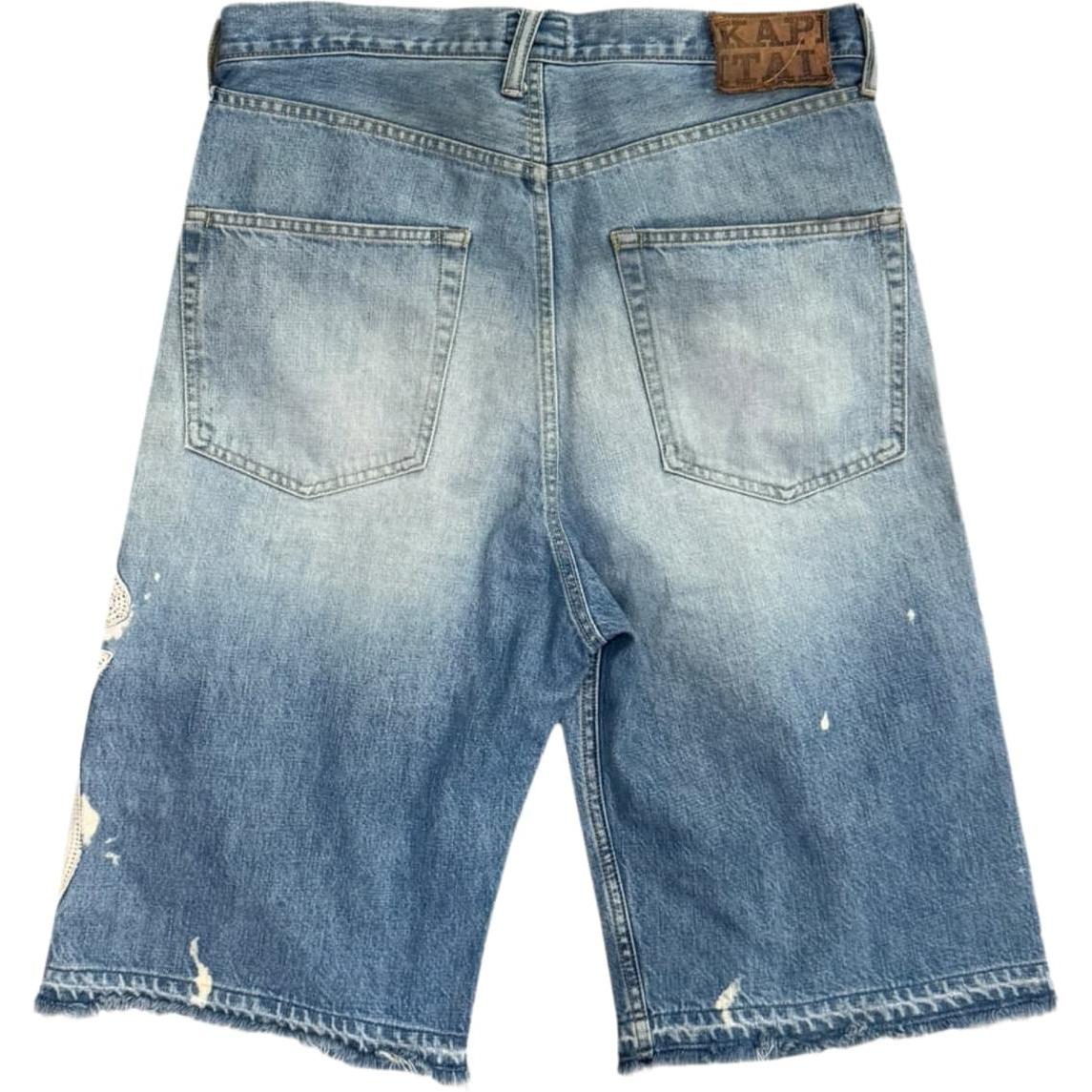 Kapital Bone Embroidered Denim Shorts Blue