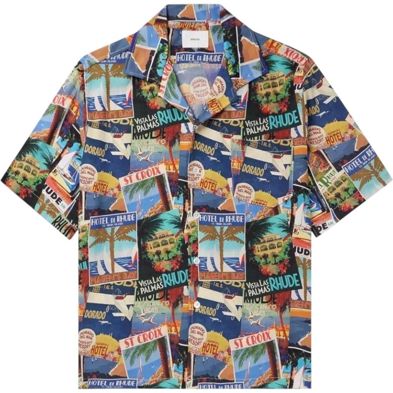 Rhude Postcard Silk Shirt Blue Multicolor