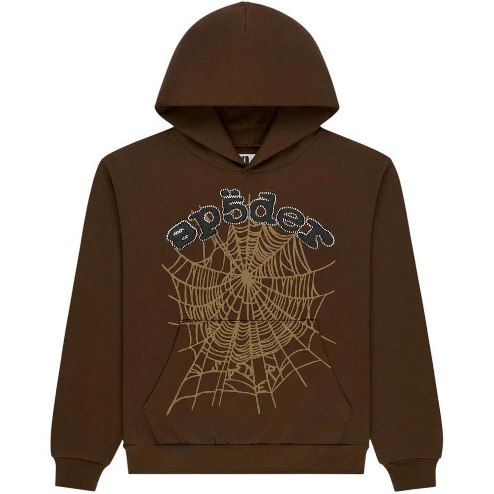 Sp5der Rhinestone OG Web Hoodie Brown