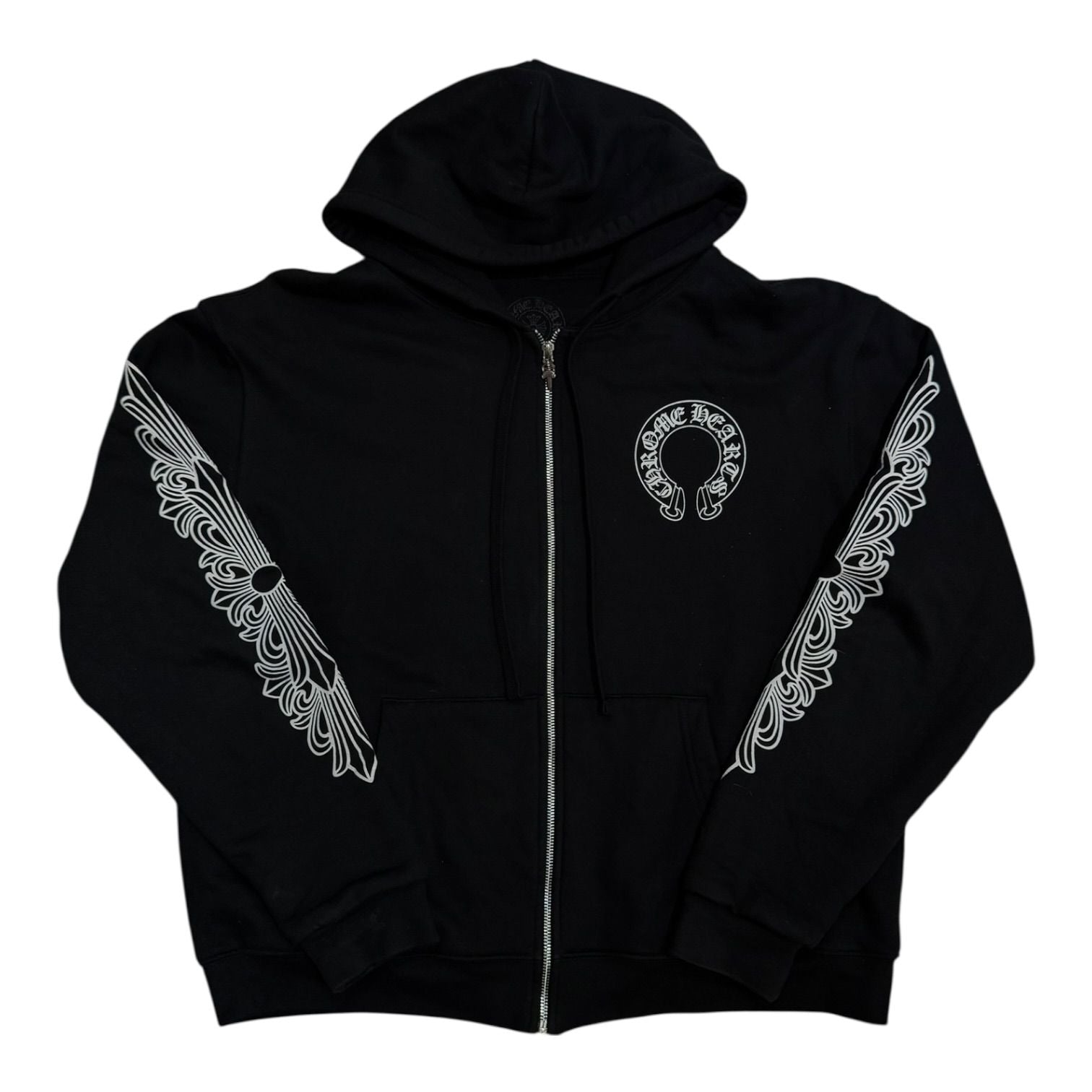 Chrome Hearts Horseshoe Floral Cross Sleeve Thermal Zip Up Hoodie Black/White - Like New