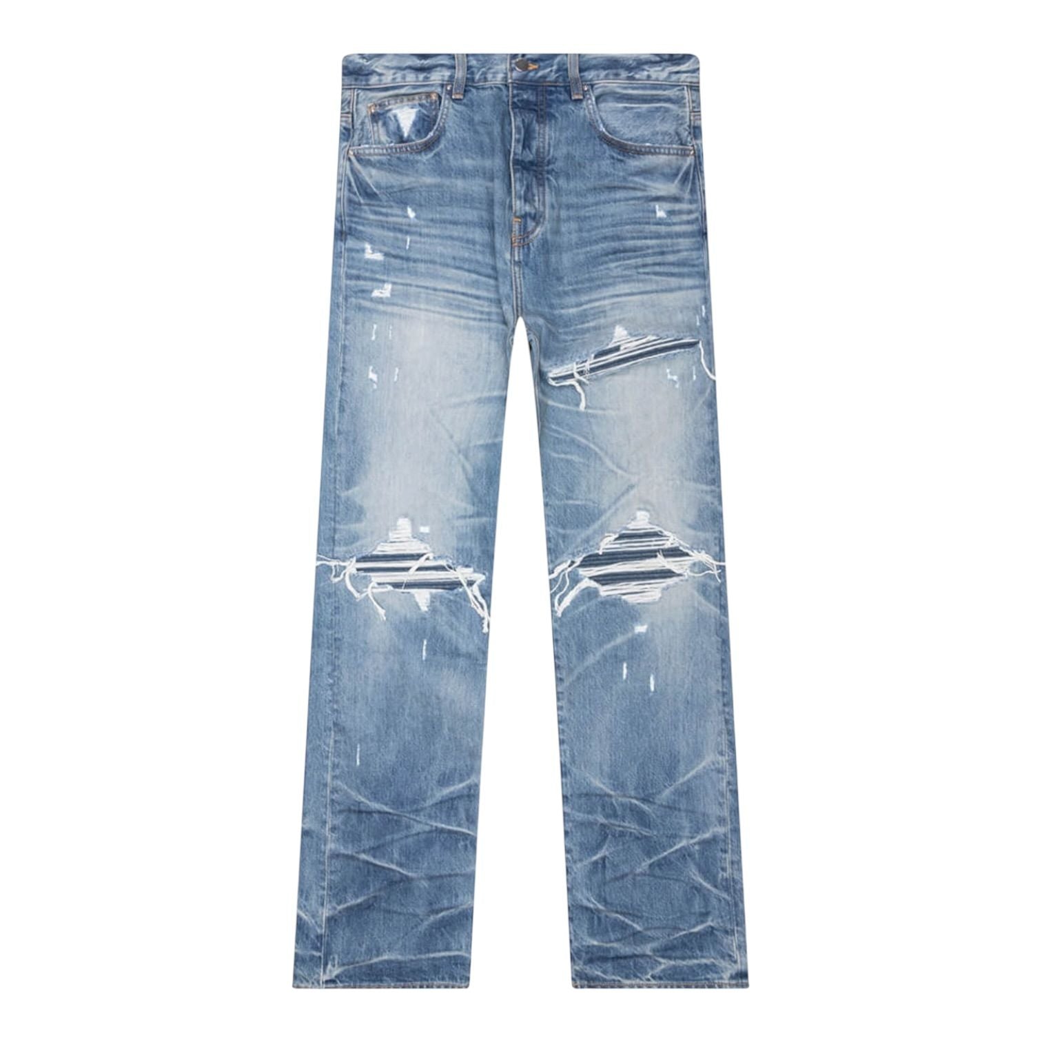 Amiri Mx1 Distressed Mid-Rise Straight-Leg Jeans Honeycomb Indigo