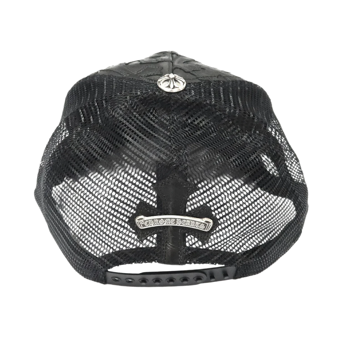 Chrome Hearts Cemetery Cross Leather Stitched Trucker Hat Black