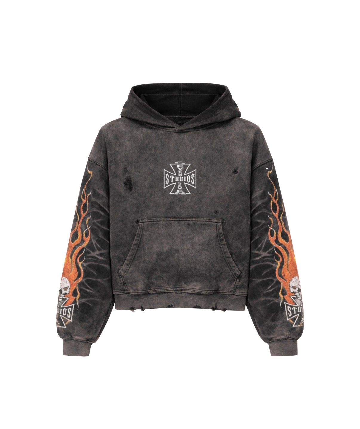 77 Studios Bones Flame Distressed Hoodie Grey