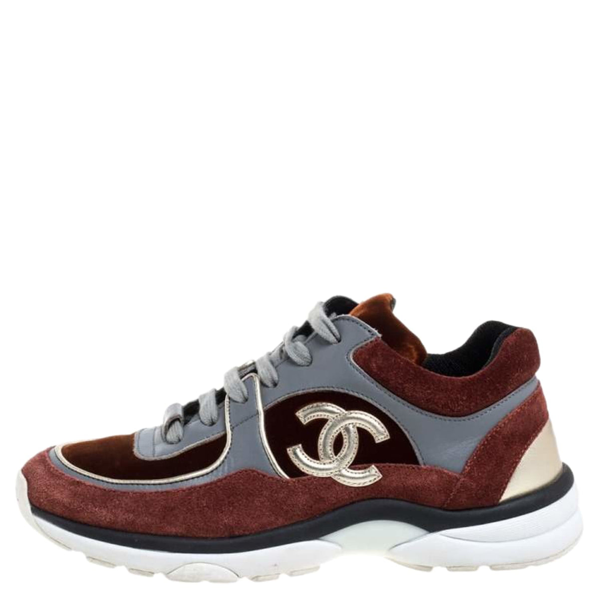 Chanel Suede Velvet Lambskin CC Sneakers 36 Burgundy Grey