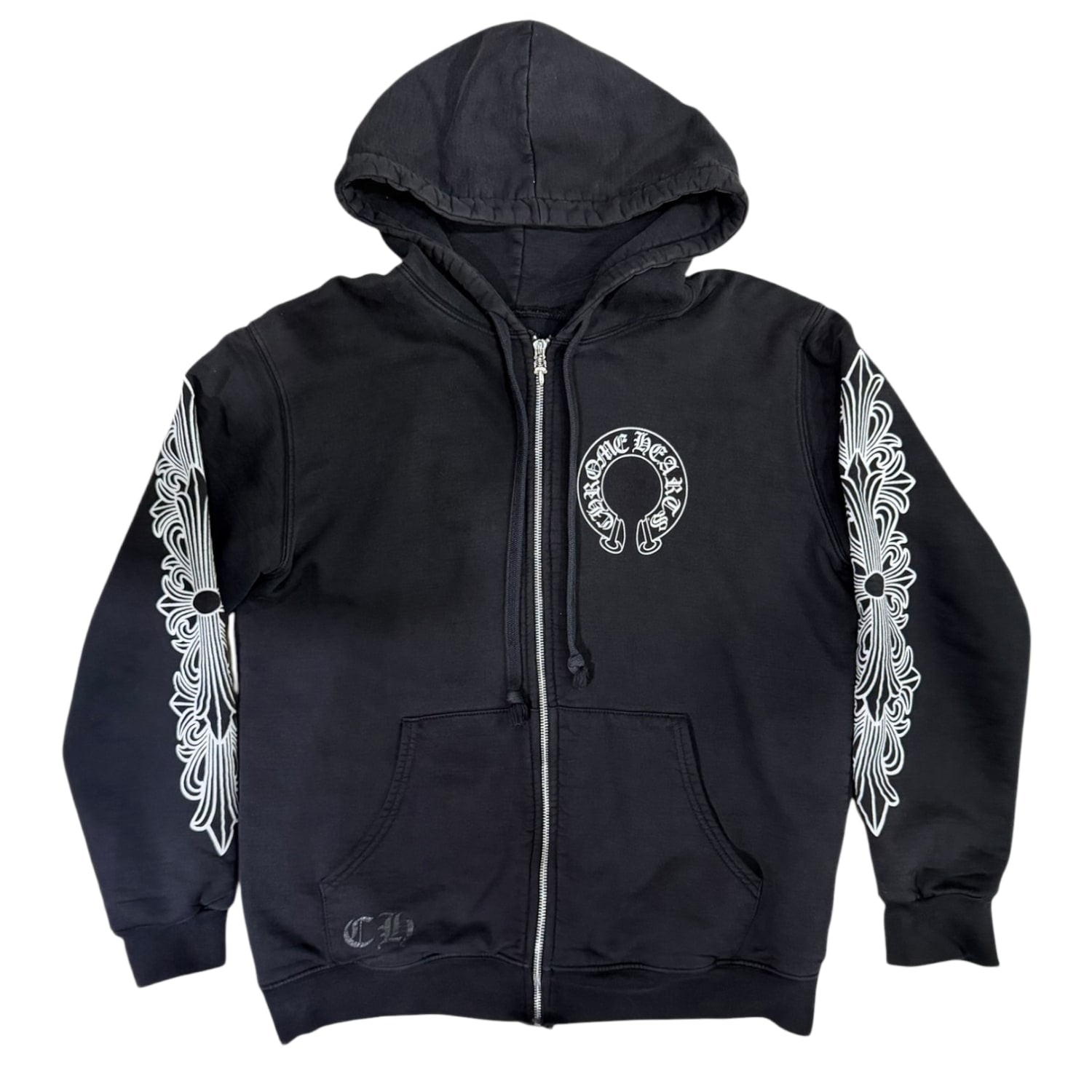 Chrome Hearts Thermal Horseshoe Floral Cross Sleeve Zip Up Hoodie Black/White