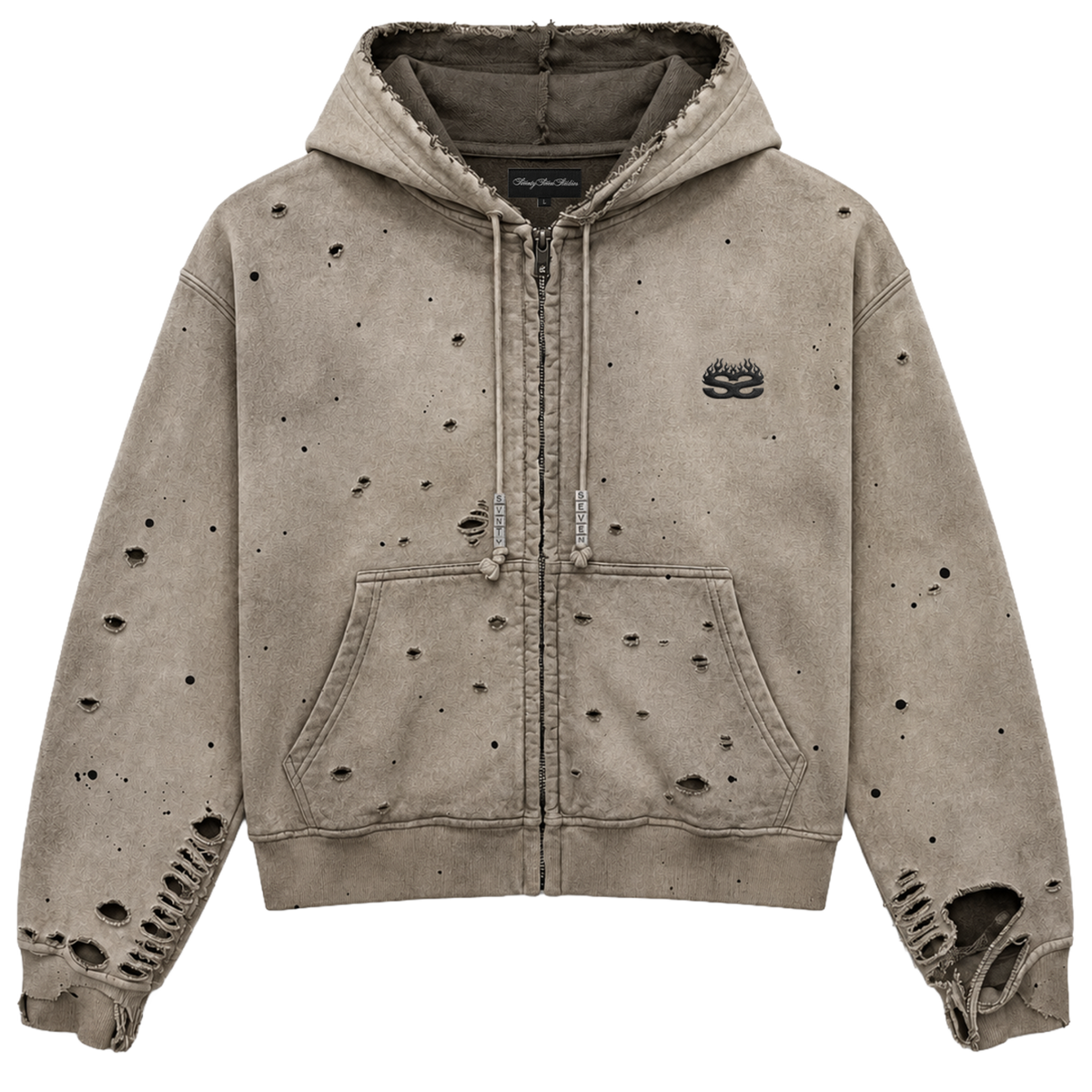 77 Studios Charm Zip Up Distressed Hoodie