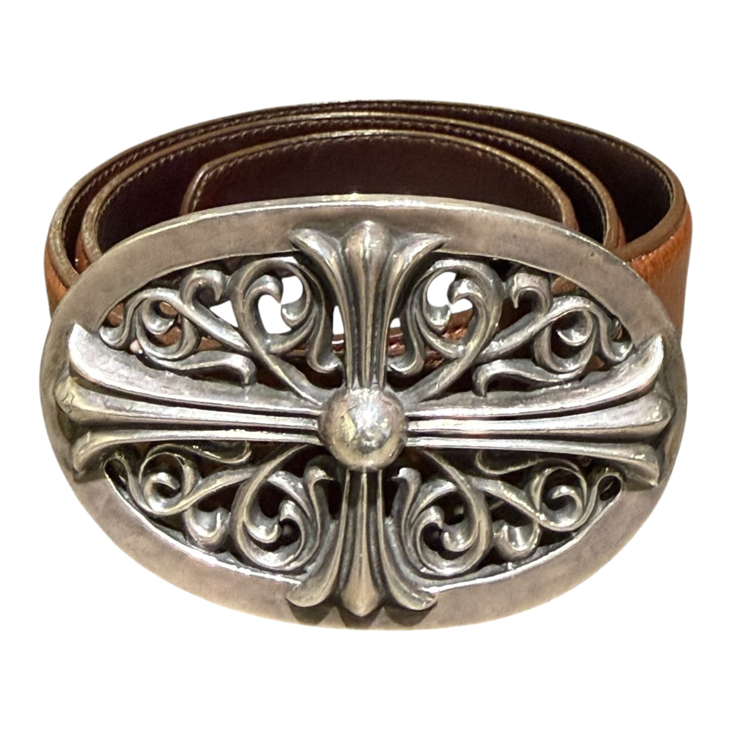 Chrome Hearts Silver Oval Cross Jumbo Brown Belt