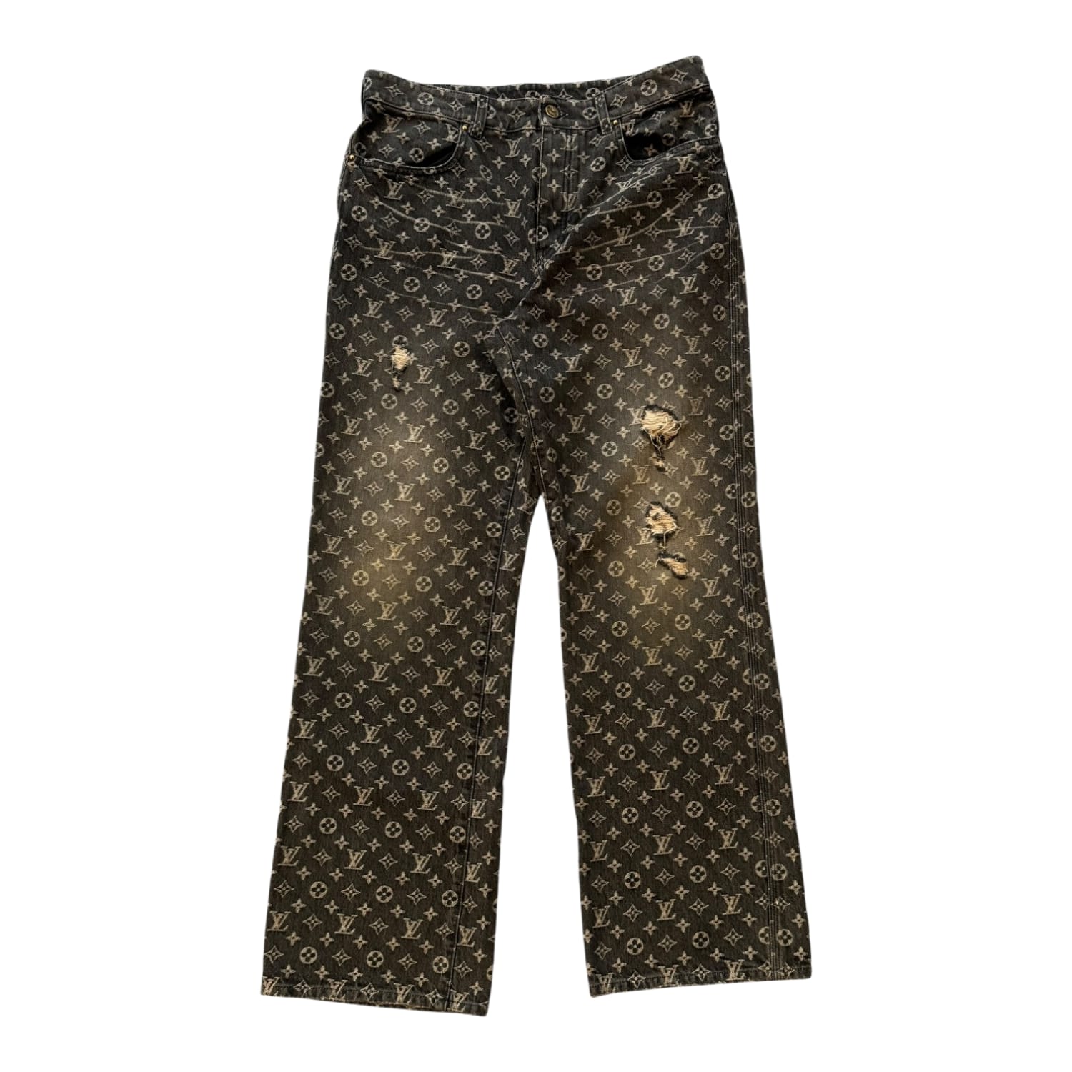 Louis Vuitton Grey Monogram Distressed Baggy Jeans