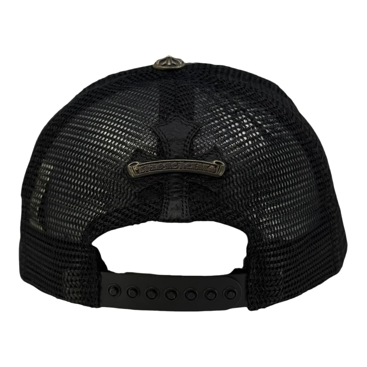 Chrome Hearts Cemetary Cross Leather Stitched Trucker Hat Black