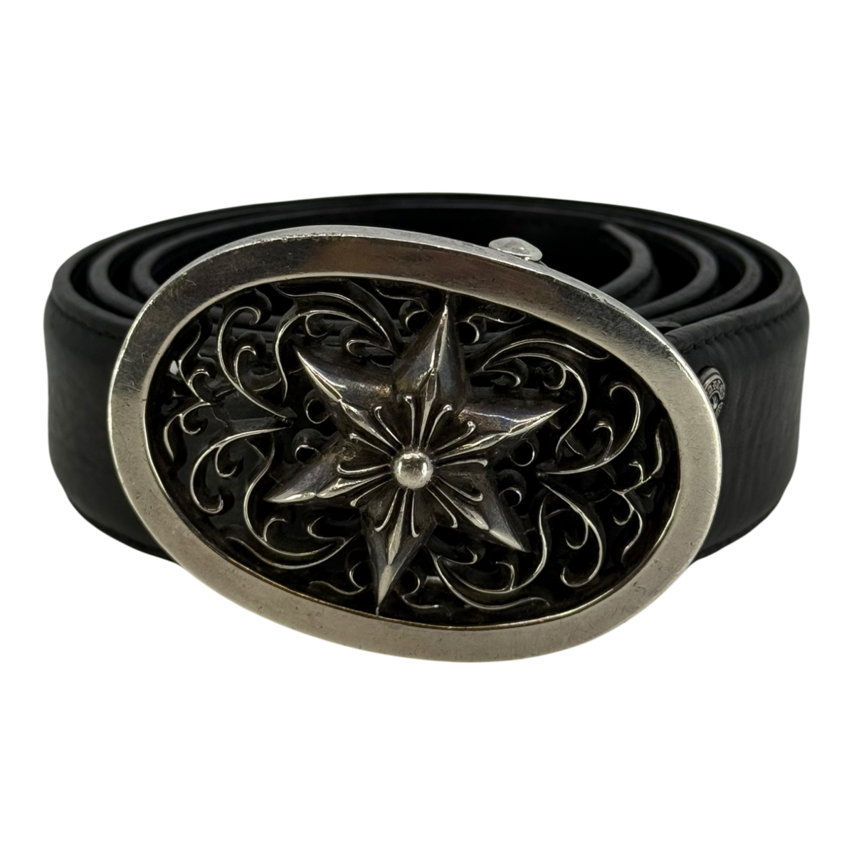 Chrome Hearts Silver Oval Star Leather Belt Black