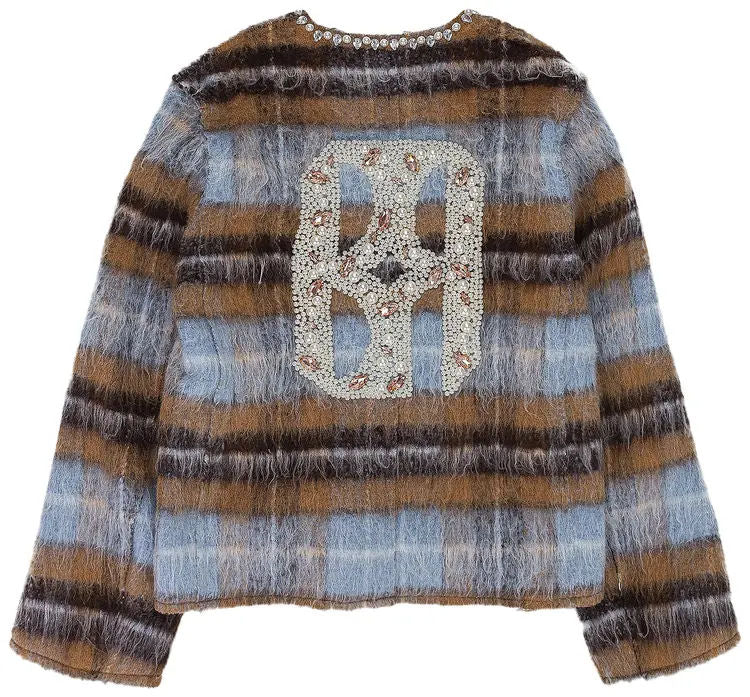 Birth Of Royal Child Rhinestone Pearl Mohair Bomber Jacket Tan