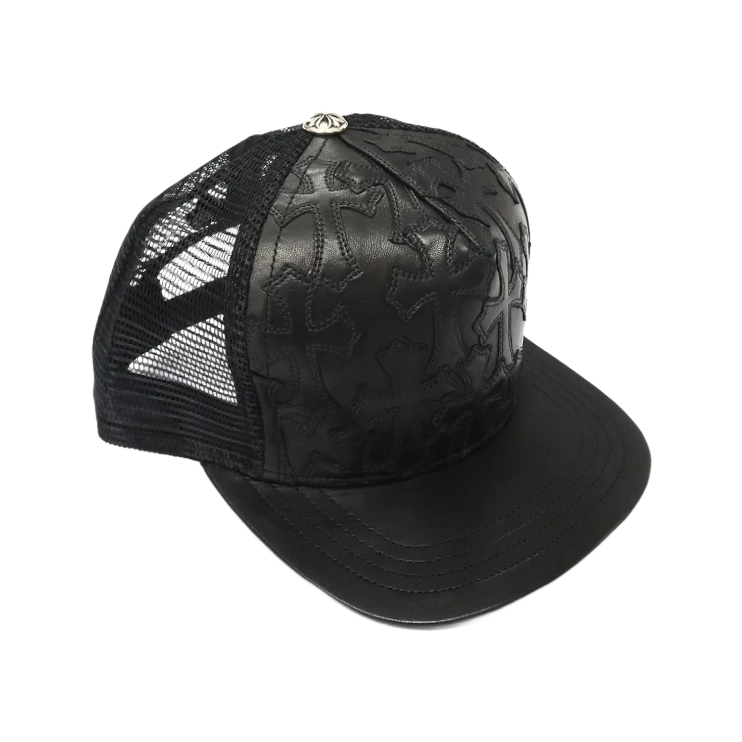 Chrome Hearts Cemetery Cross Leather Stitched Trucker Hat Black