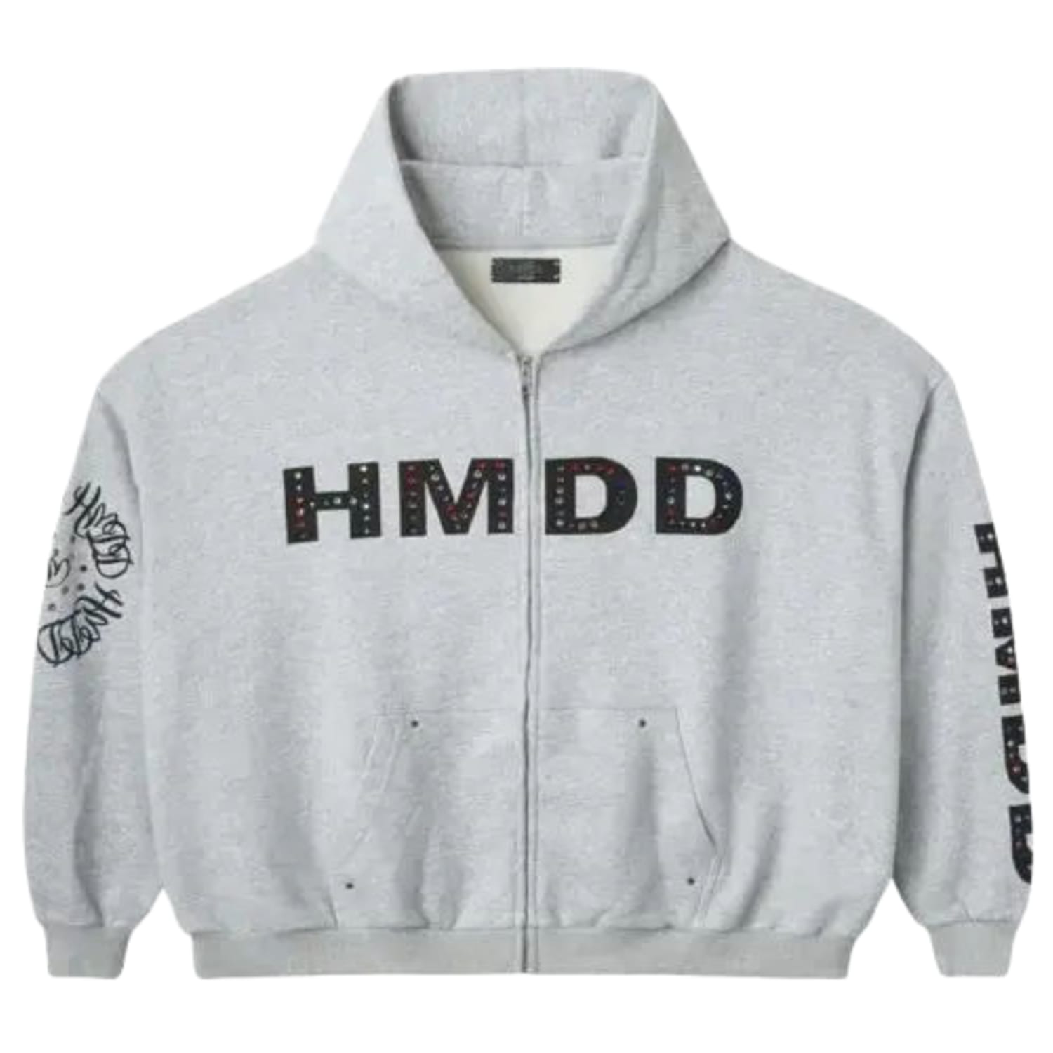 Happy Memories Don't Die HMDD Crystal Studded Zip Up Hoodie Grey