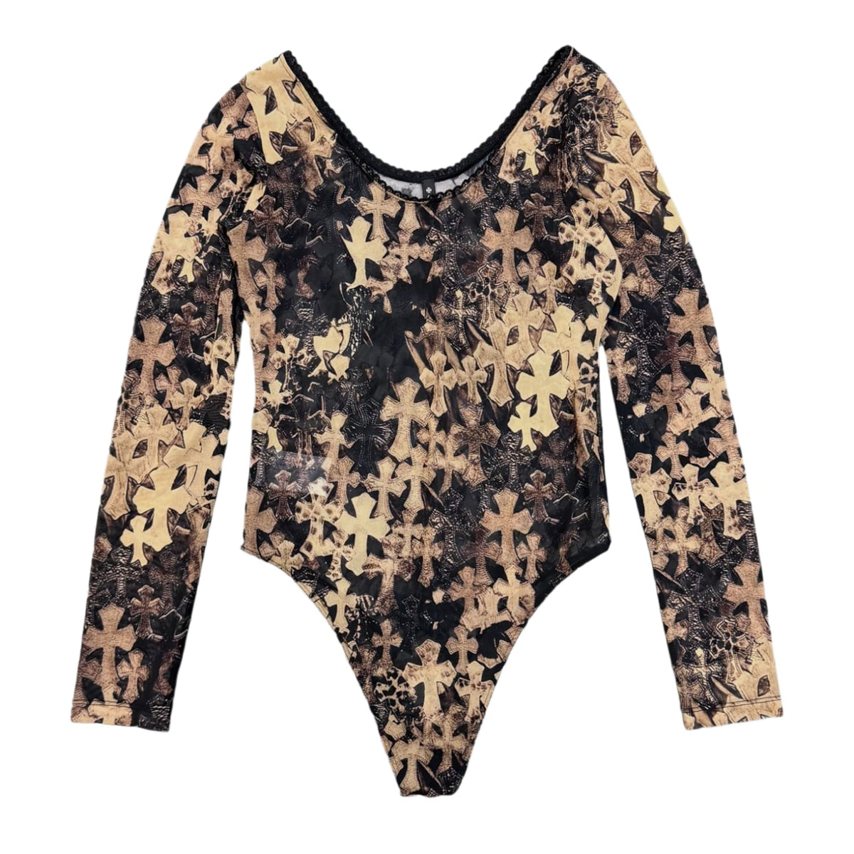 Chrome Hearts Brown All Over Cross Print Mesh Body Suit