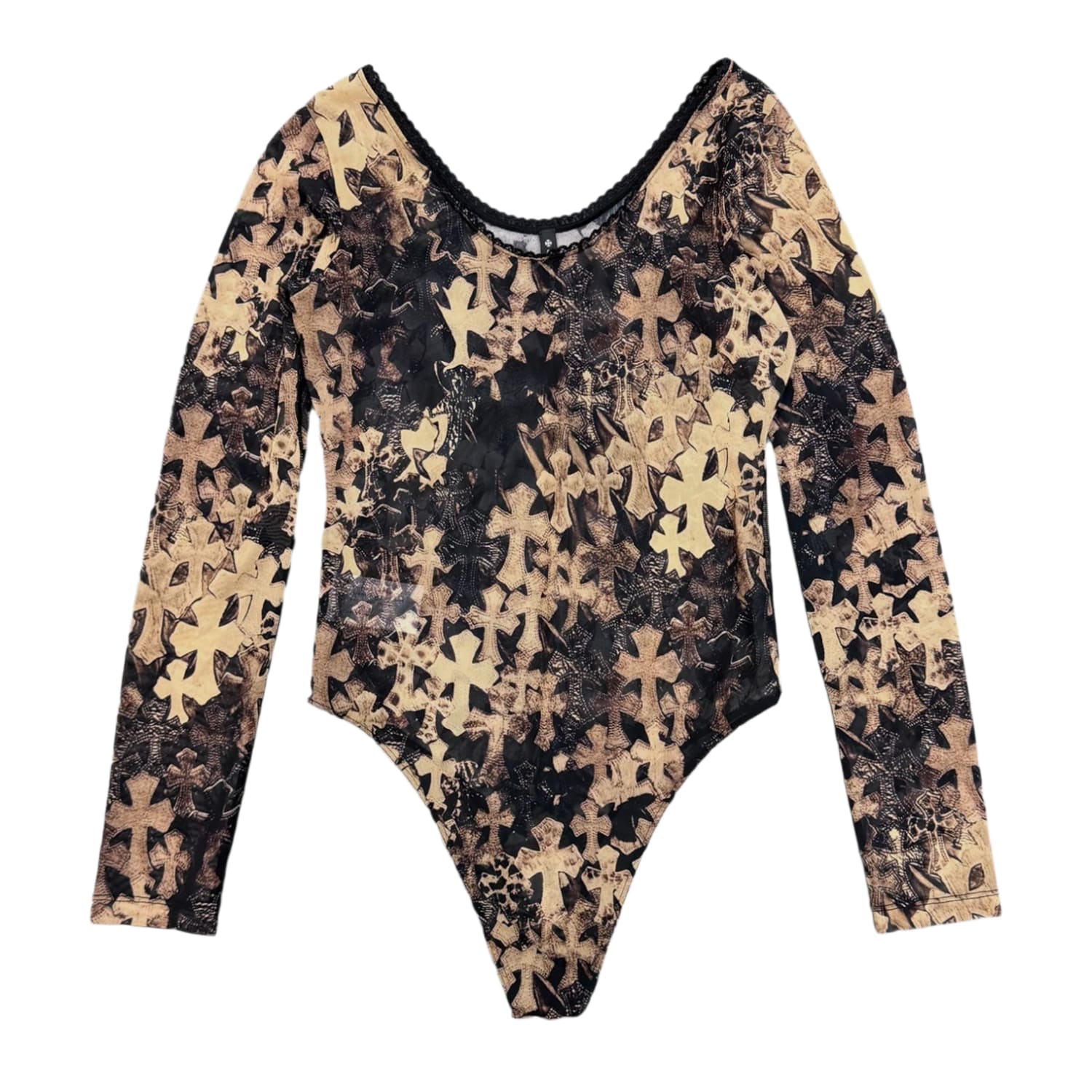 Chrome Hearts Brown All Over Cross Print Mesh Body Suit