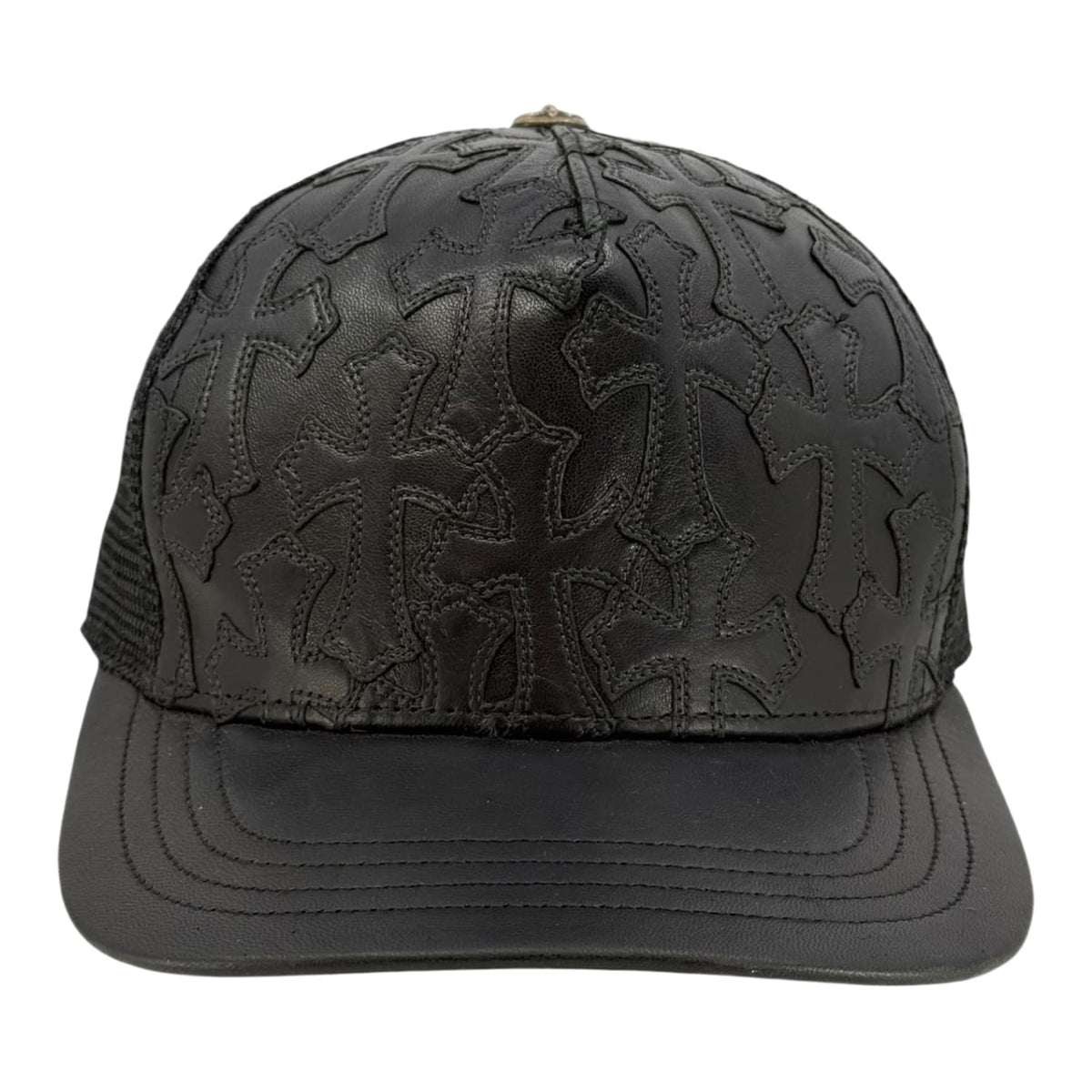 Chrome Hearts Cemetery Cross Leather Stitched Trucker Hat Black