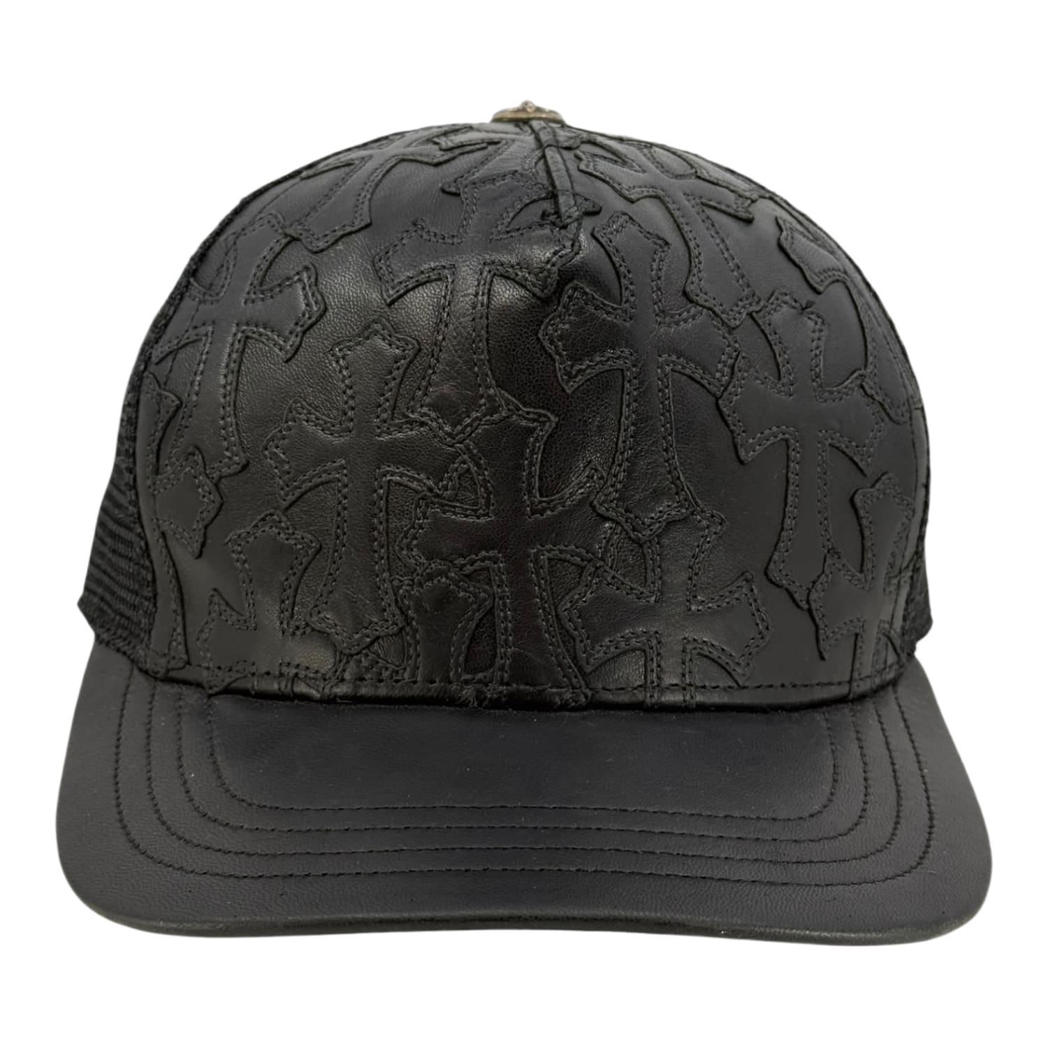 Chrome Hearts Cemetary Cross Leather Stitched Trucker Hat Black