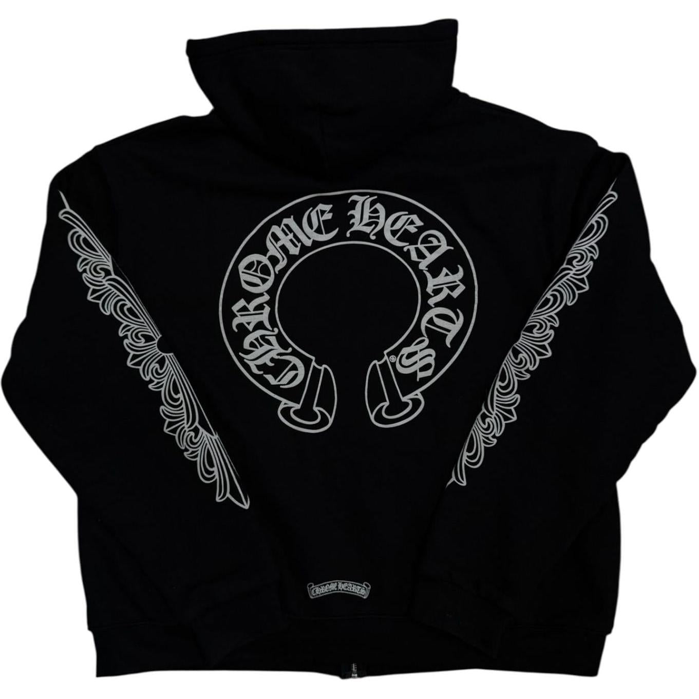 Chrome Hearts Horseshoe Floral Cross Sleeve Thermal Zip Up Hoodie Black/White - Like New
