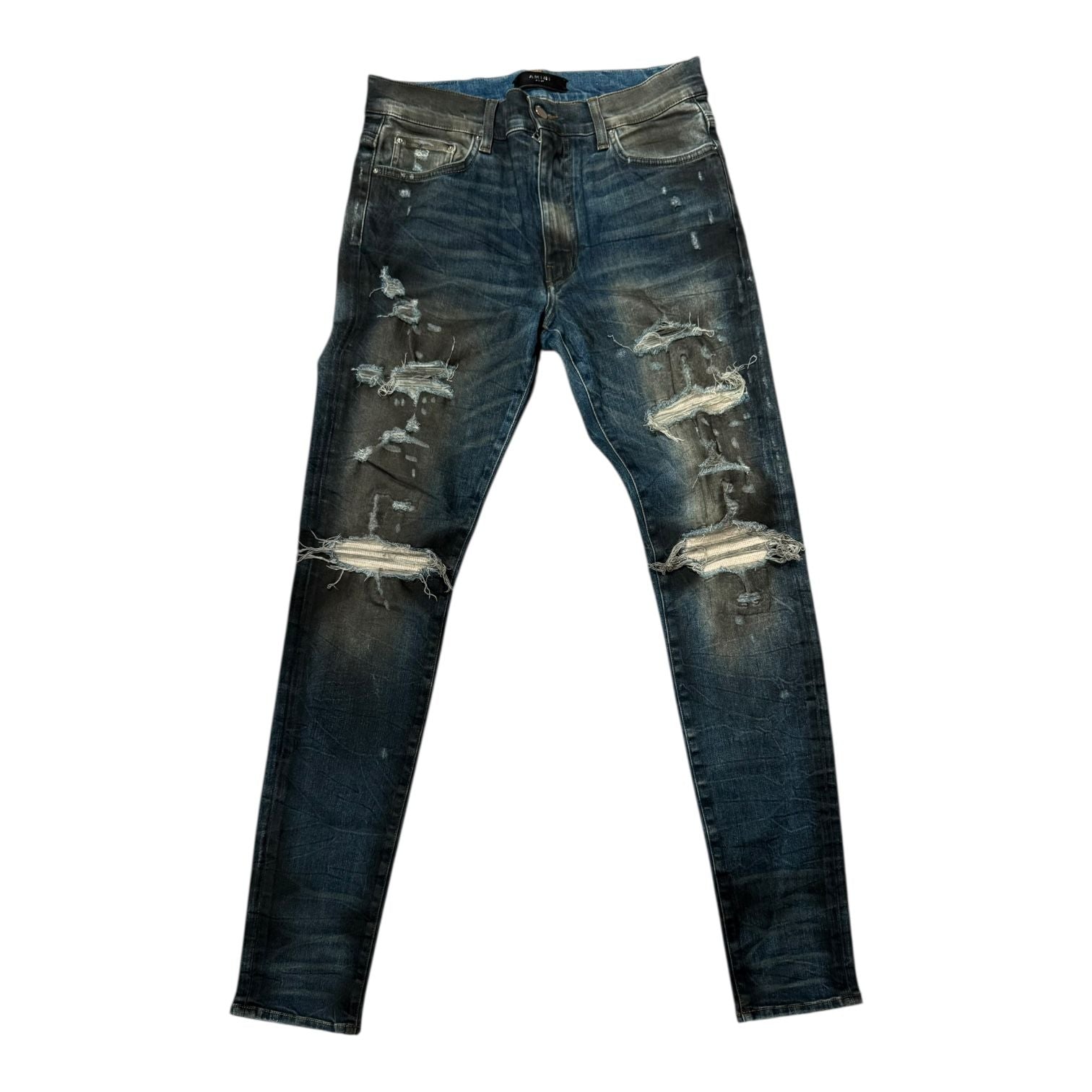 Amiri MX1 Distressed Jeans Dirty Indigo Cashmere Patch - Gently Used