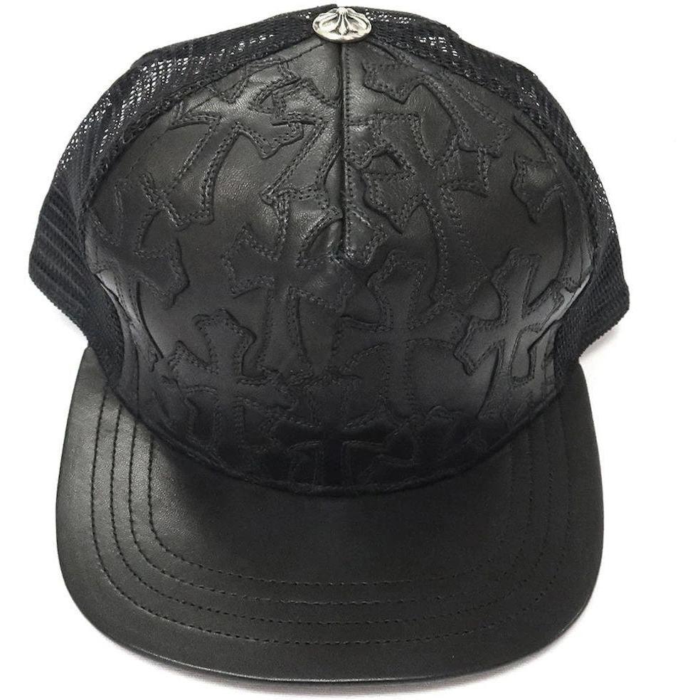 Chrome Hearts Cemetery Cross Leather Stitched Trucker Hat Black