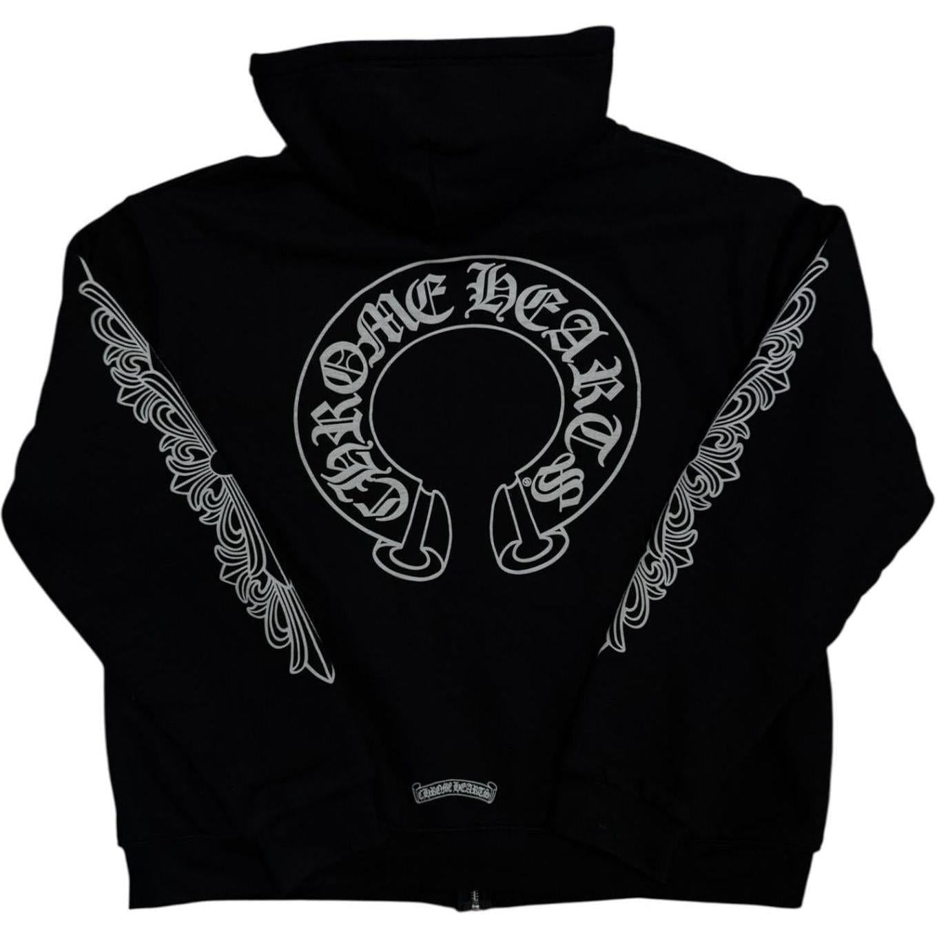 Chrome Hearts Horseshoe Floral Cross Sleeve Thermal Zip Up Hoodie Black/White - Like New