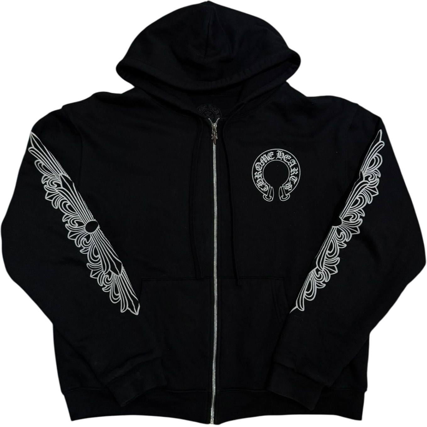 Chrome Hearts Horseshoe Floral Cross Sleeve Thermal Zip Up Hoodie Black/White - Like New