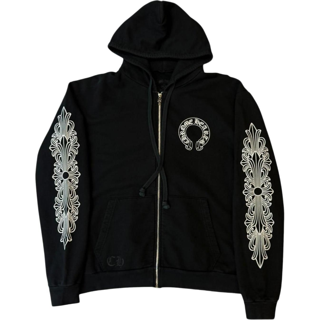 Chrome Hearts Horseshoe Floral Cross Sleeve Zip Up Hoodie Black