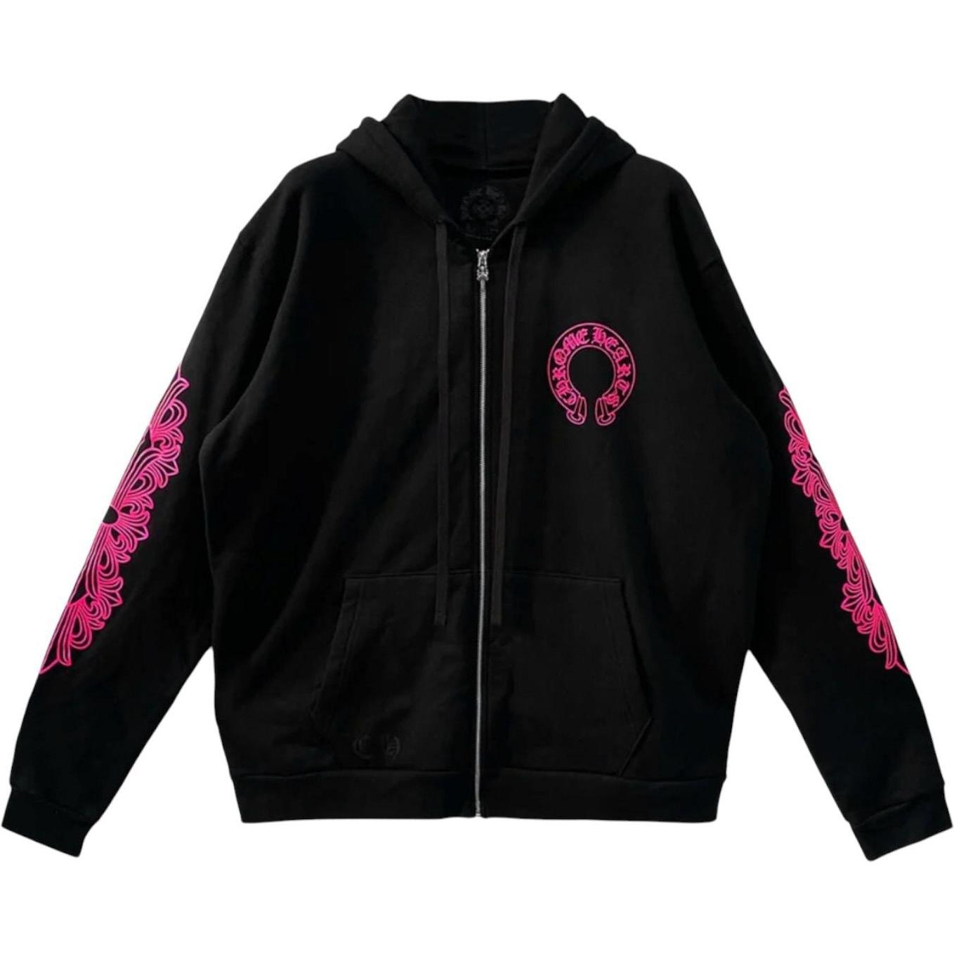 Chrome Hearts Horseshoe Floral Cross Sleeve Zip Up Hoodie Black/Pink