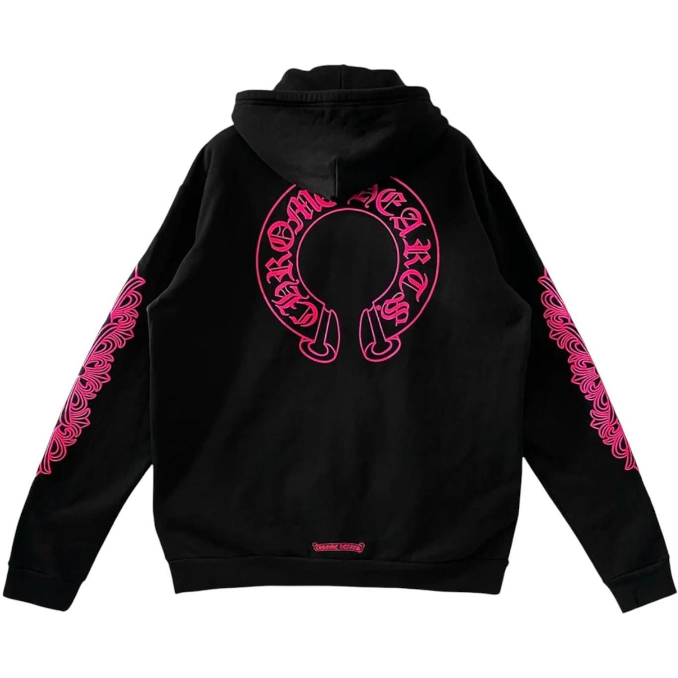 Chrome Hearts Horseshoe Floral Cross Sleeve Zip Up Hoodie Black/Pink