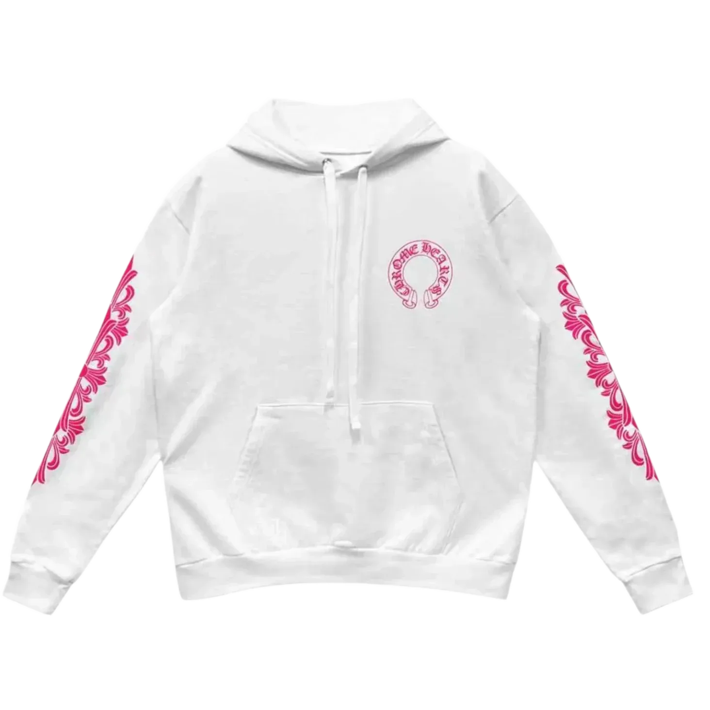 Chrome Hearts Pink Horseshoe Floral Sleeve Pullover Hoodie White