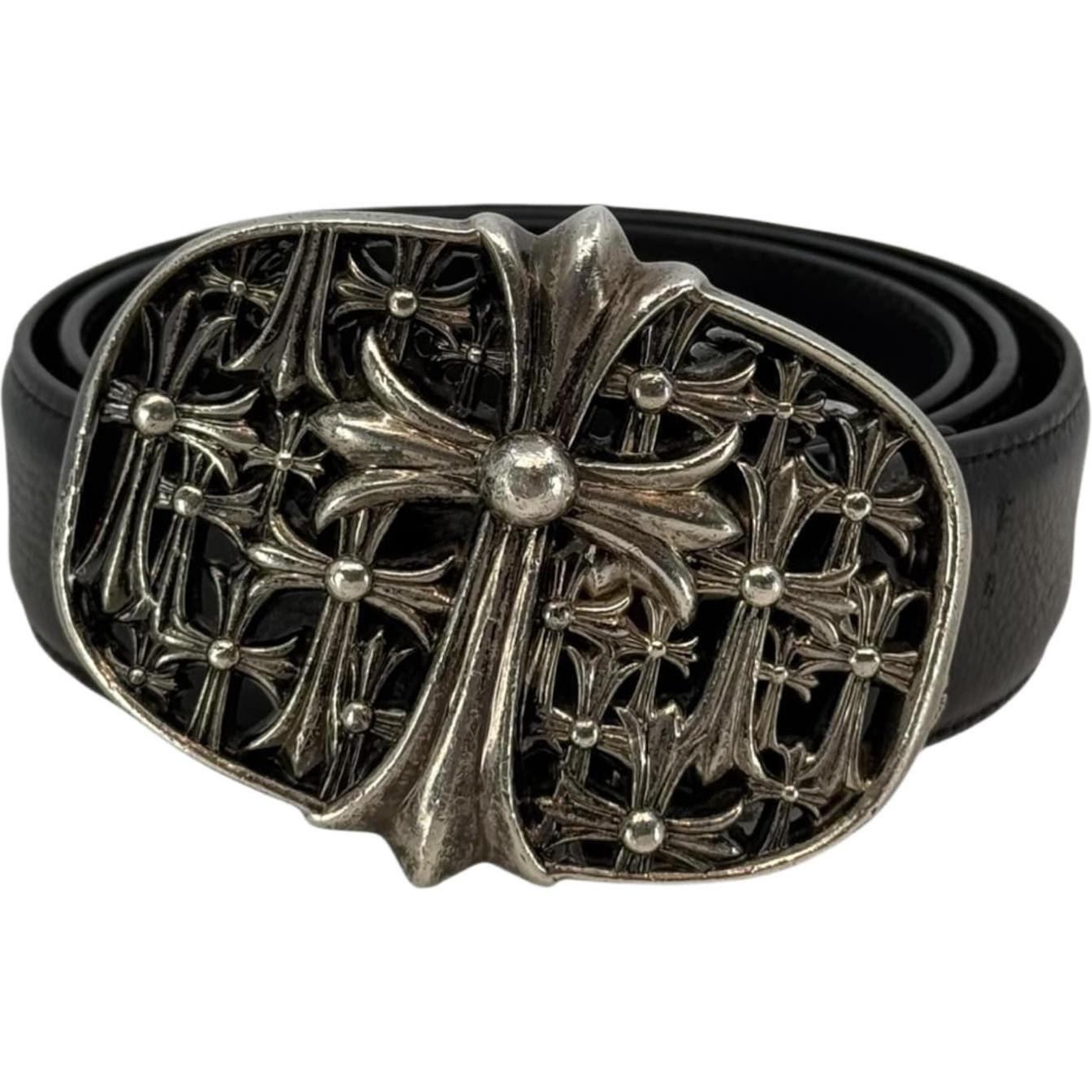 Chrome Hearts Silver Cemetery Cross Black Leather Belt - Size 34