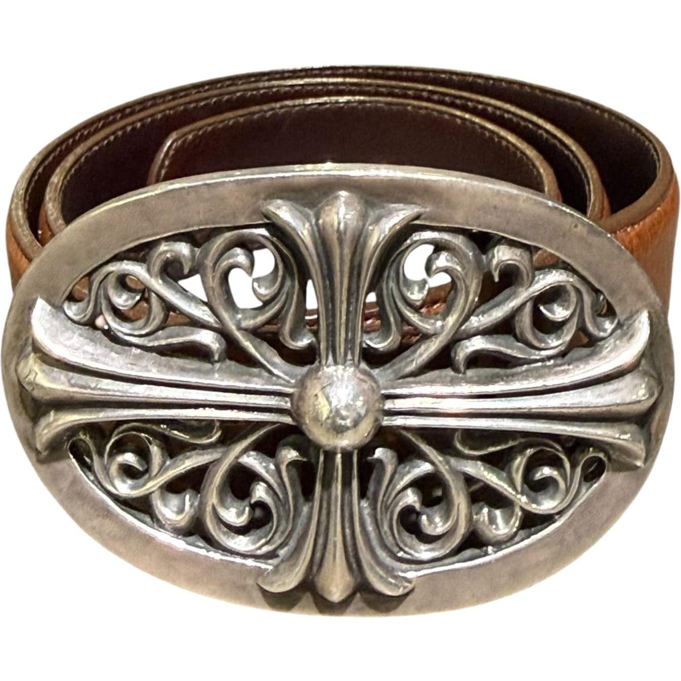 Chrome Hearts Silver Oval Cross Jumbo Brown Belt