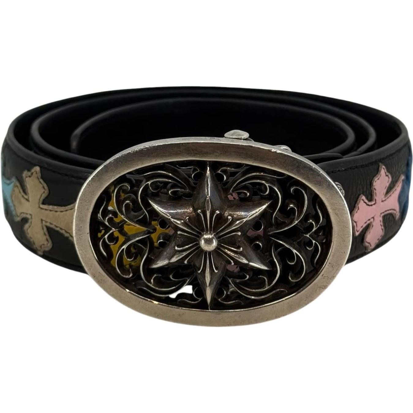 Chrome Hearts Silver Oval Star Multicolor Leather Cross Patch Belt - Size 36