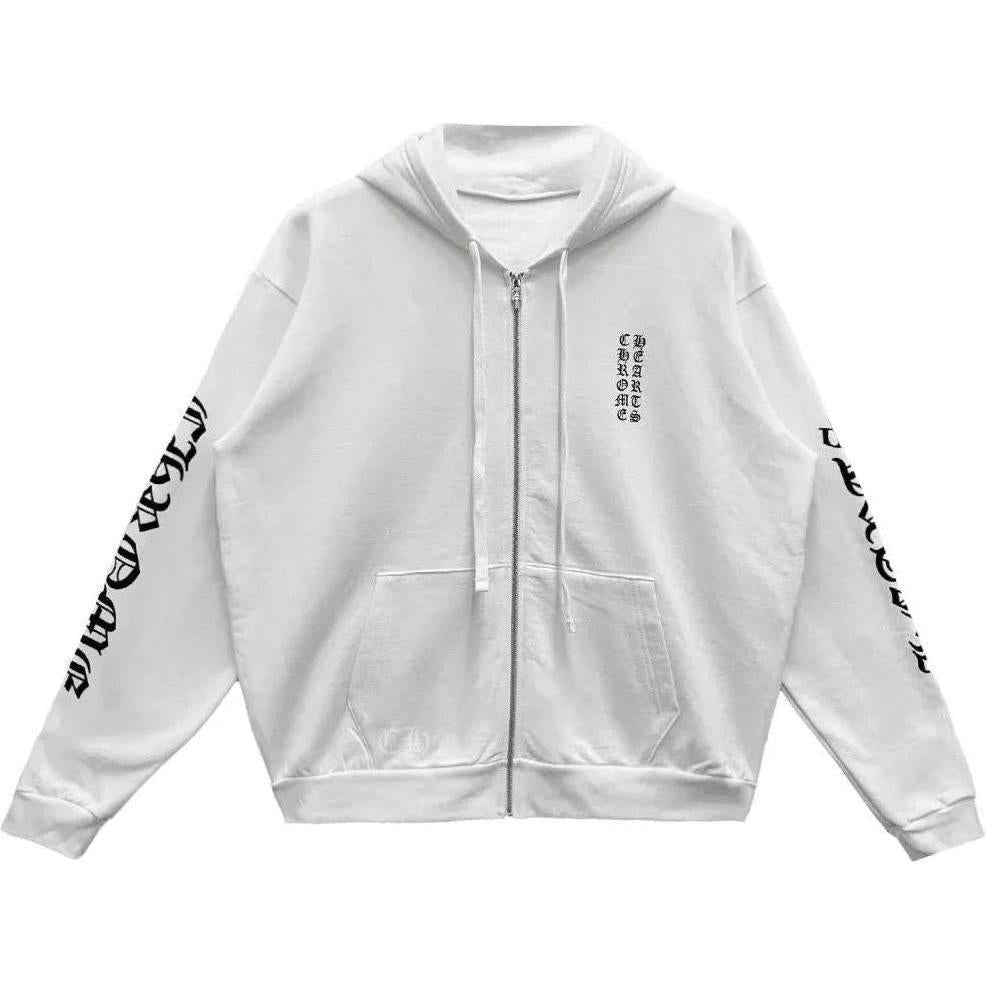 Chrome Hearts Vertical Logo Zip Up Hoodie White