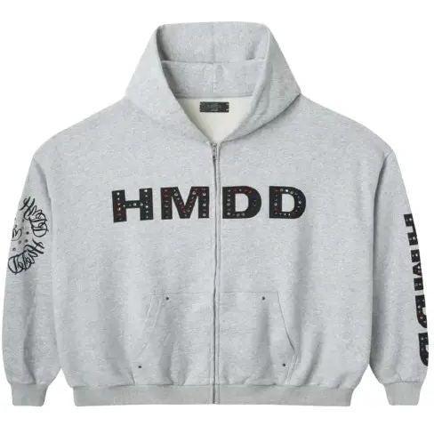 Happy Memories Don't Die HMDD Crystal Studded Zip Up Hoodie Grey