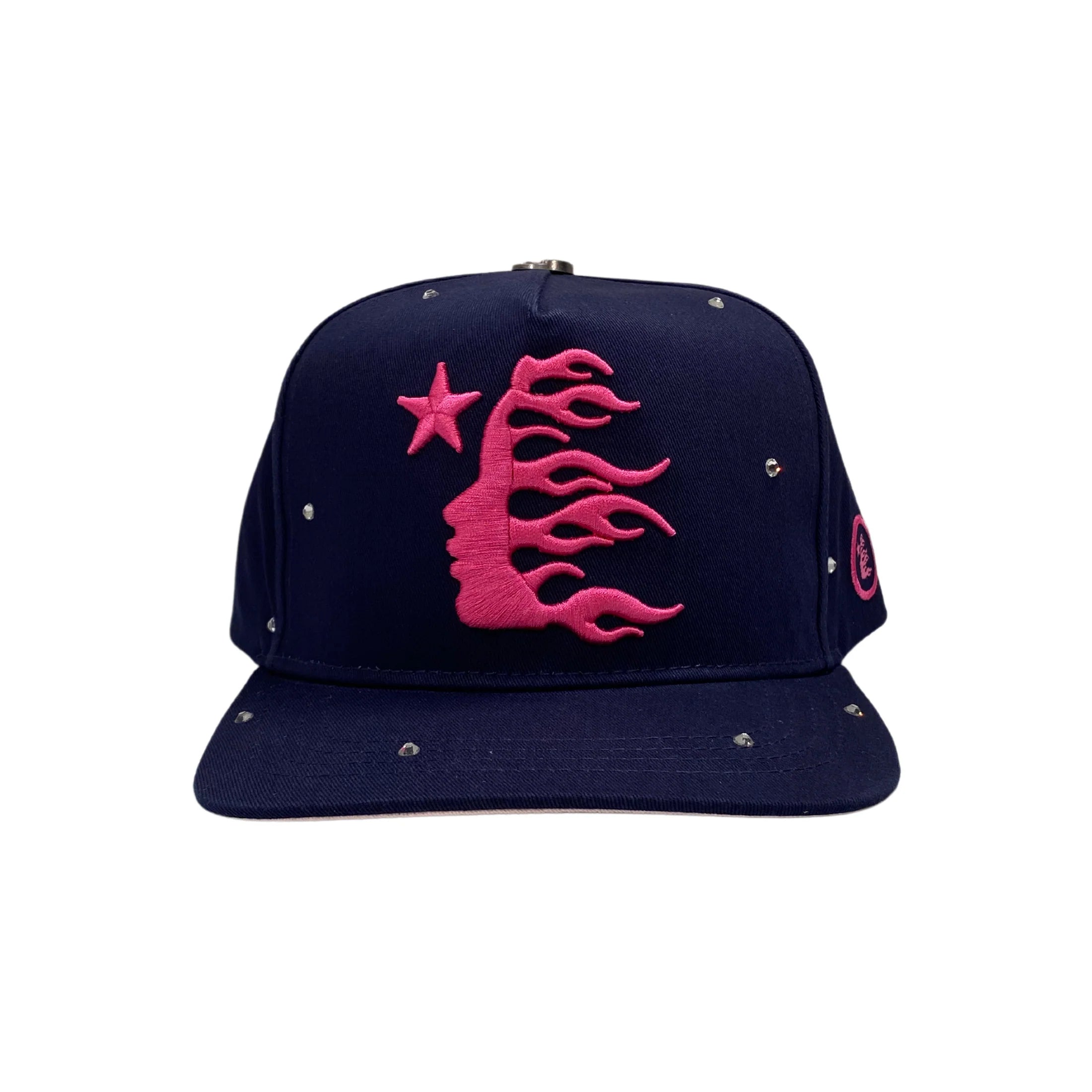 Hellstar Logo 6-Panel Snapback Hat Navy Pink Rhinestone