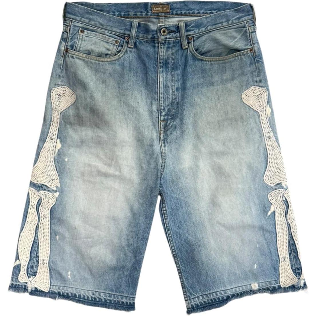 Kapital Bone Embroidered Denim Shorts Blue